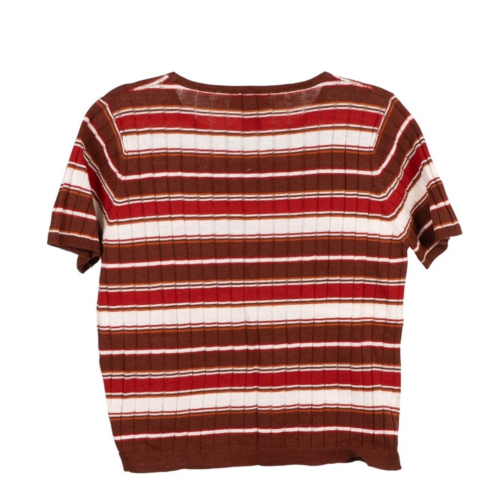 70s Knit Sweater M Striped Red Brown ShortSleeve Knit Preppy Academia Old Money - Picture 5 of 5